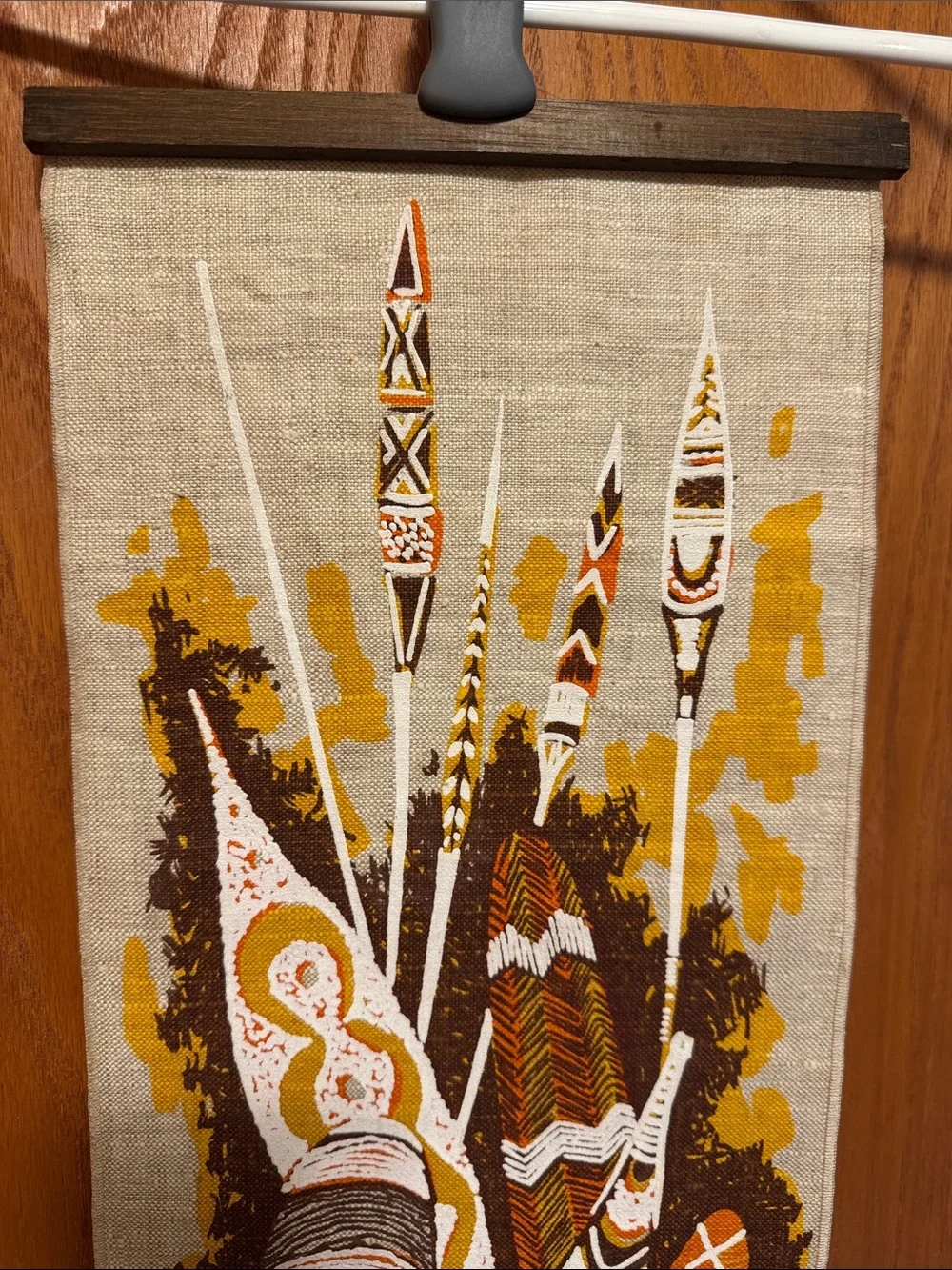 1960’s Donald Clark Linen Wall Hanging Aboriginal Shield and Spears Wall Scroll